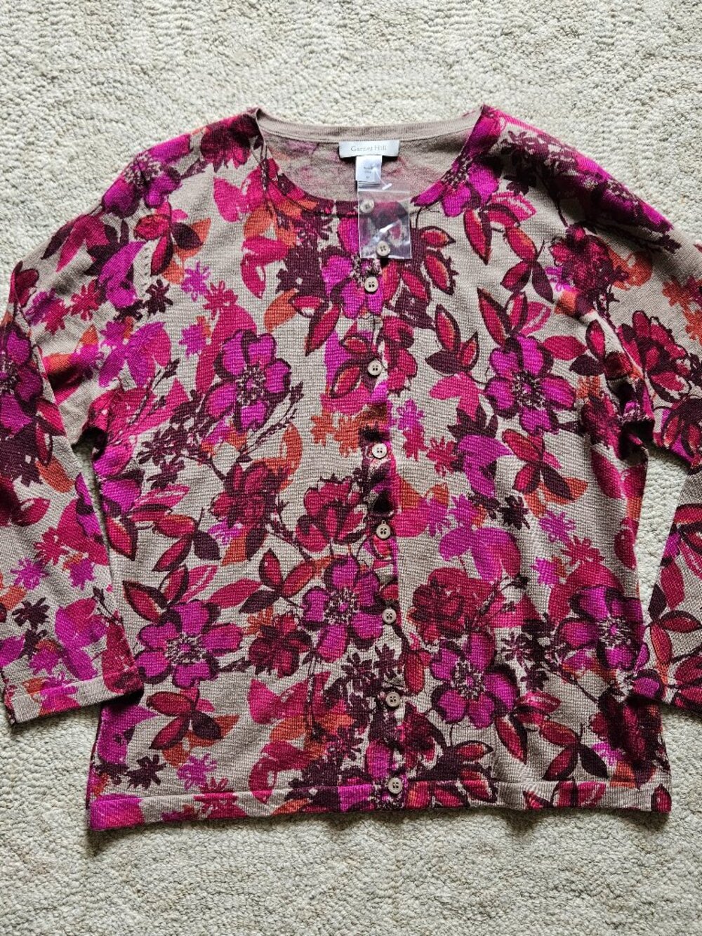 Garnet Hill Cardigan Crew Neck Sweater NWOT Medium Tan Pink Red Floral Wool